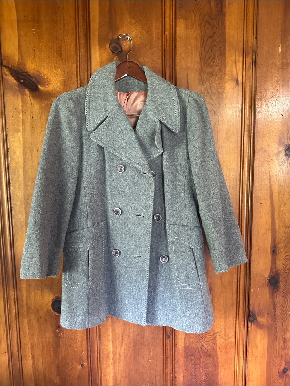 Vintage Gray Wool Coat Pink Satin Lined Double Breasted Mod Jacket